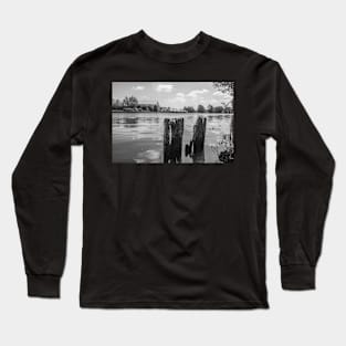 Wooden mooring posts on the River Bure in Horning, Norfolk Long Sleeve T-Shirt